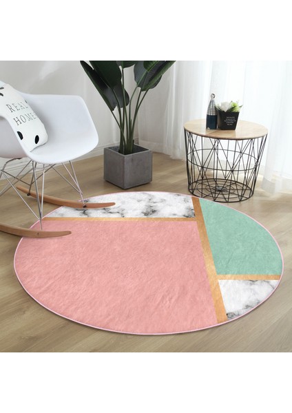 Real Homes Renkli Geometrik Desenli Mermer Motifli Dijital Baskılı Modern Pembe Banyo Yıkanabilir Kaymaz Tabanlı Yuvarlak Halı fiyatları