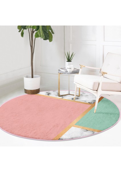Real Homes Renkli Geometrik Desenli Mermer Motifli Dijital Baskılı Modern Pembe Banyo Yıkanabilir Kaymaz Tabanlı Yuvarlak Halı fırsatları