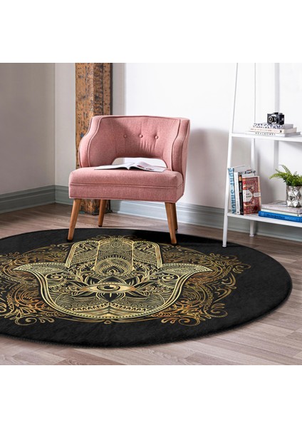 Real Homes Siyah Zeminde Mandala Içinde Gold Fâtımâ'nın Eli Motifli Salon ve Oturma Odası Yıkanabilir Kaymaz Tabanlı Yuvarlak Halı
