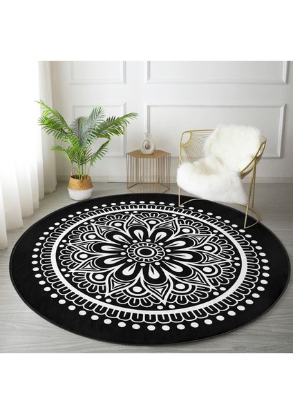 Real Homes Siyah Beyaz Çiçek Desenli Mandala Motifli Salon ve Oturma Odası Yıkanabilir Kaymaz Tabanlı Yuvarlak Halı fiyatları