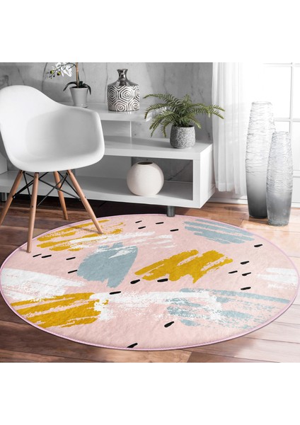 Real Homes Pembe Zeminde Sulu Boya Gold ve Mavi Çizimli Salon ve Oturma Odası Yıkanabilir Kaymaz Tabanlı Yuvarlak Halı