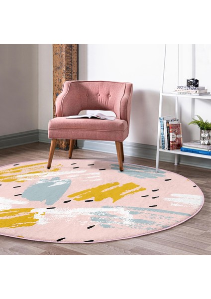 Real Homes Pembe Zeminde Sulu Boya Gold ve Mavi Çizimli Salon ve Oturma Odası Yıkanabilir Kaymaz Tabanlı Yuvarlak Halı modelleri
