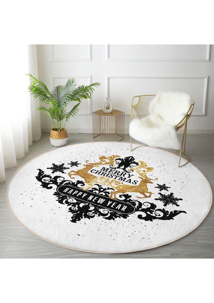 Real Homes Siyah Beyaz Geyikli Merry Christmas Motifli Dijital Baskılı Modern Salon ve Oturma Odası Kaymaz Tabanlı Yuvarlak Halı