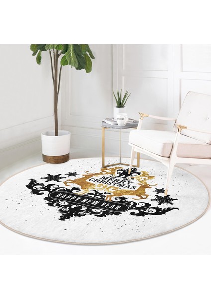 Real Homes Siyah Beyaz Geyikli Merry Christmas Motifli Dijital Baskılı Modern Salon ve Oturma Odası Kaymaz Tabanlı Yuvarlak Halı fiyatları
