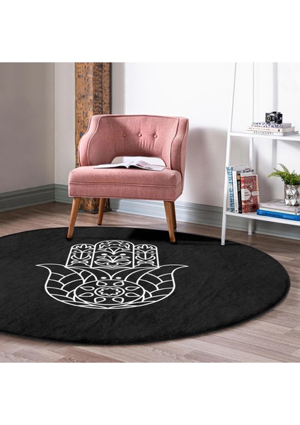 Real Homes Siyah Zeminde Beyaz Fatma Ana Eli Motifli Salon ve Oturma Odası Yıkanabilir Kaymaz Tabanlı Yuvarlak Halı