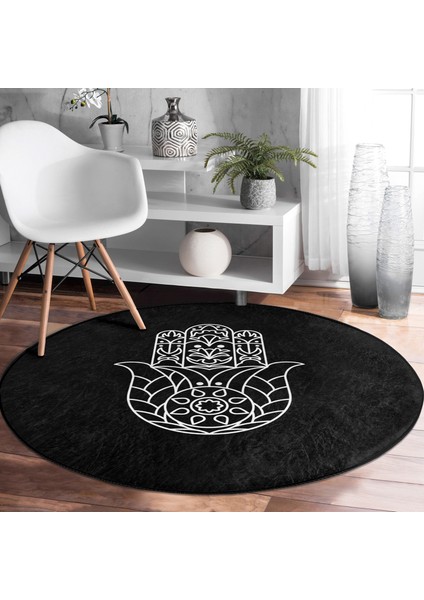 Real Homes Siyah Zeminde Beyaz Fatma Ana Eli Motifli Salon ve Oturma Odası Yıkanabilir Kaymaz Tabanlı Yuvarlak Halı