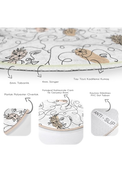 Real Homes Beyaz Zeminde Bayan Desenli Dijital Baskılı Modern Krem Mutfak Yıkanabilir Kaymaz Tabanlı Yuvarlak Halı
