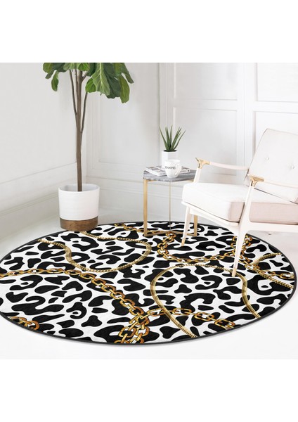 Real Homes Leopar Desenli Altın Detaylı Özel Tasarım Modern Siyah Salon ve Oturma Odası Yıkanabilir Kaymaz Tabanlı Yuvarlak Halı fiyatları