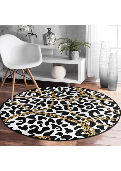 Real Homes Leopar Desenli Altın Detaylı Özel Tasarım Modern Siyah Salon ve Oturma Odası Yıkanabilir Kaymaz Tabanlı Yuvarlak Halı fırsatları