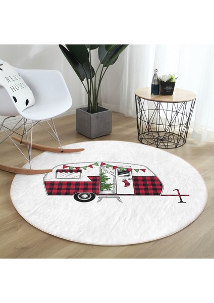 Real Homes Beyaz Zeminde Ekose Desenli Karavan Motifli Dijital Baskılı Modern Bordo Koridor ve Antre Yıkanabilir Kaymaz Tabanlı Yuvarlak Halı
