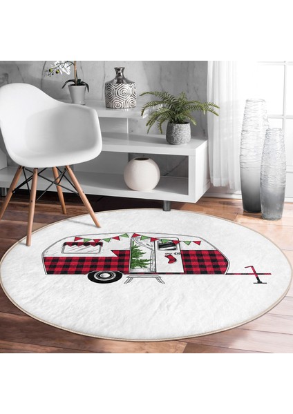 Real Homes Beyaz Zeminde Ekose Desenli Karavan Motifli Dijital Baskılı Modern Bordo Koridor ve Antre Yıkanabilir Kaymaz Tabanlı Yuvarlak Halı fiyatları