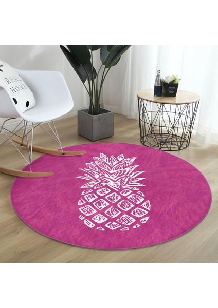 Real Homes Realhomes Fuşya Zeminde Ananas Desenli Modern Tasarım Pembe Mutfak Yıkanabilir Kaymaz Tabanlı Yuvarlak Halı