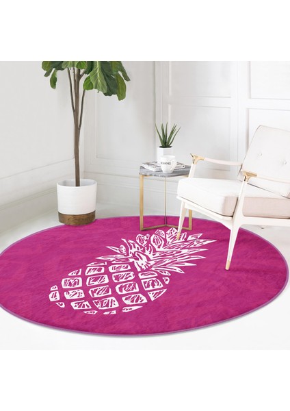 Real Homes Realhomes Fuşya Zeminde Ananas Desenli Modern Tasarım Pembe Mutfak Yıkanabilir Kaymaz Tabanlı Yuvarlak Halı modelleri
