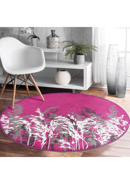 Real Homes Fuşya Zeminde Beyaz ve Gri Çiçek Motifli Pembe Salon ve Oturma Odası Yıkanabilir Kaymaz Tabanlı Yuvarlak Halı