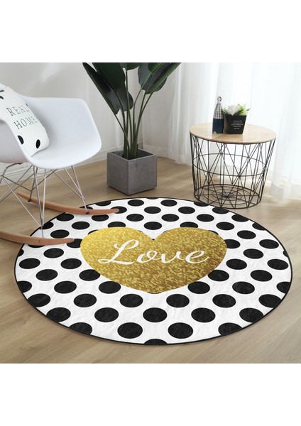 Real Homes Beyaz Zeminde Puantiyeli Gold Detaylı Love Yazılı Dijital Baskılı Modern Salon ve Oturma Odası Kaymaz Tabanlı Yuvarlak Halı