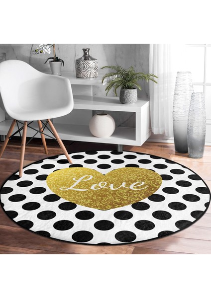 Real Homes Beyaz Zeminde Puantiyeli Gold Detaylı Love Yazılı Dijital Baskılı Modern Salon ve Oturma Odası Kaymaz Tabanlı Yuvarlak Halı fiyatları