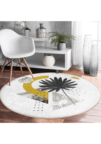 Real Homes Geometrik Mermer Zeminde Tohumları Dökülen Çiçek Motifli Gri Mutfak Yıkanabilir Kaymaz Tabanlı Yuvarlak Halı