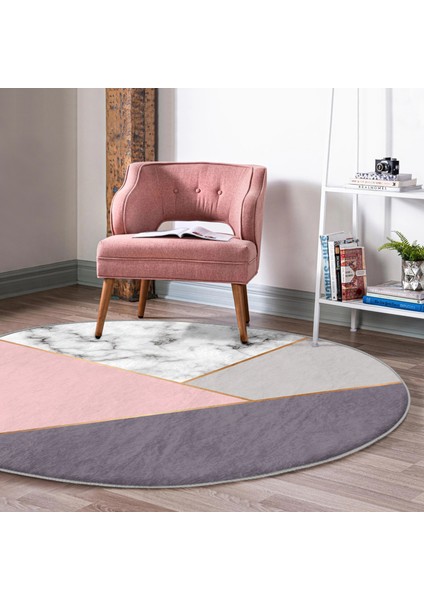 Real Homes Renkli Geometrik Desenli Mermer Motifli Dijital Baskılı Modern Pembe Banyo Yıkanabilir Kaymaz Tabanlı Yuvarlak Halı fiyatları