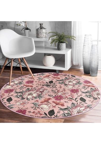 Real Homes Papatya ve Gül Tasarımlı Dijital Baskılı Pembe Salon Oturma Odası Yıkanabilir Kaymaz Tabanlı Yuvarlak Halı modelleri