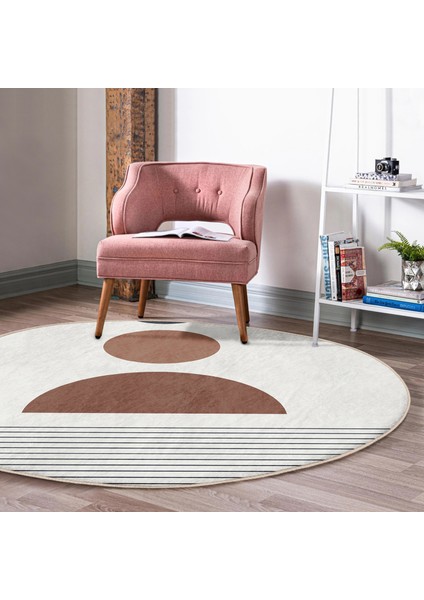 Real Homes Soyut Tarzda Onedraw Çizimli Dijital Baskılı Kahverengi Salon ve Oturma Odası Yıkanabilir Kaymaz Tabanlı Yuvarlak Halı