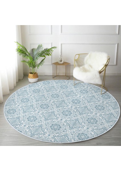 Real Homes Damask Figürlü Dijital Baskılı Lacivert Salon ve Oturma Odası Yıkanabilir Kaymaz Tabanlı Yuvarlak Halı