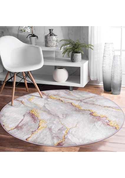 Real Homes Altın Yaldız Çizgili Mermer Desenli Pembe Salon ve Oturma Odası Yıkanabilir Kaymaz Tabanlı Yuvarlak Halı