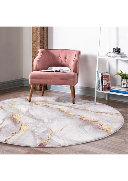 Real Homes Altın Yaldız Çizgili Mermer Desenli Pembe Salon ve Oturma Odası Yıkanabilir Kaymaz Tabanlı Yuvarlak Halı modelleri