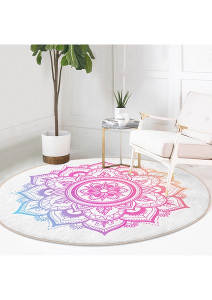 Real Homes Beyaz Zeminde Pembe Mavi Mandala Desenli Özel Tasarım Salon ve Oturma Odası Yıkanabilir Kaymaz Tabanlı Yuvarlak Halı