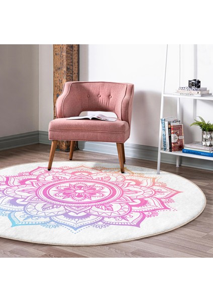 Real Homes Beyaz Zeminde Pembe Mavi Mandala Desenli Özel Tasarım Salon ve Oturma Odası Yıkanabilir Kaymaz Tabanlı Yuvarlak Halı fiyatları