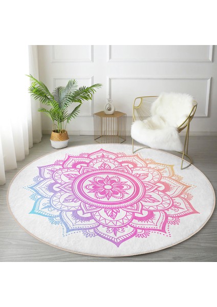 Real Homes Beyaz Zeminde Pembe Mavi Mandala Desenli Özel Tasarım Salon ve Oturma Odası Yıkanabilir Kaymaz Tabanlı Yuvarlak Halı fırsatları