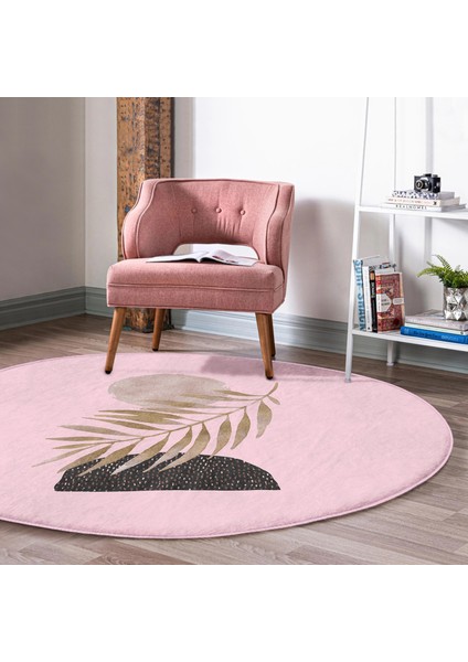 Real Homes Pembe Zeminde Soyut Çizim Ay ve Yaprak Motifli Salon ve Oturma Odası Yıkanabilir Kaymaz Tabanlı Yuvarlak Halı