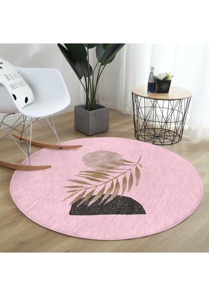 Real Homes Pembe Zeminde Soyut Çizim Ay ve Yaprak Motifli Salon ve Oturma Odası Yıkanabilir Kaymaz Tabanlı Yuvarlak Halı fiyatları