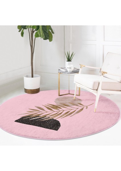 Real Homes Pembe Zeminde Soyut Çizim Ay ve Yaprak Motifli Salon ve Oturma Odası Yıkanabilir Kaymaz Tabanlı Yuvarlak Halı fırsatları