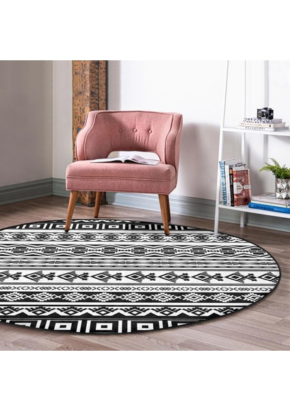 Real Homes Iskandinav Desenli Etnik Tasarımlı Dijital Baskılı Modern Siyah Salon ve Oturma Odası Yıkanabilir Kaymaz Tabanlı Yuvarlak Halı