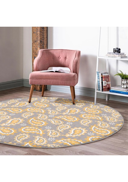 Real Homes Gri Zeminde Renkli Geometrik Desenli Dijital Baskılı Modern Gold Salon ve Oturma Odası Yıkanabilir Kaymaz Tabanlı Yuvarlak Halı modelleri