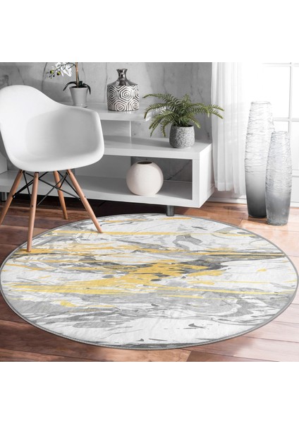 Real Homes Gri Zeminde Gold Detaylı Soft Çizim Desenli Dijital Baskılı Modern Mutfak Yıkanabilir Kaymaz Tabanlı Yuvarlak Halı modelleri