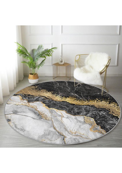 Real Homes Modern Siyah Beyaz Altın Mermer Motifli Dijital Baskılı Salon ve Oturma Odası Yıkanabilir Kaymaz Tabanlı Yuvarlak Halı