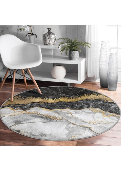 Real Homes Modern Siyah Beyaz Altın Mermer Motifli Dijital Baskılı Salon ve Oturma Odası Yıkanabilir Kaymaz Tabanlı Yuvarlak Halı fırsatları