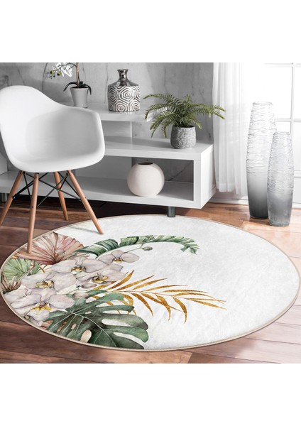 Real Homes Tropik Yaprak Motifli Dijital Baskılı Yeşil Salon ve Oturma Odası Yıkanabilir Kaymaz Tabanlı Yuvarlak Halı fiyatları