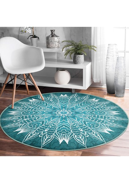 Real Homes Realhomes Weave Mandala Desenli Lacivert Salon ve Oturma Odası Yıkanabilir Kaymaz Tabanlı Yuvarlak Halı