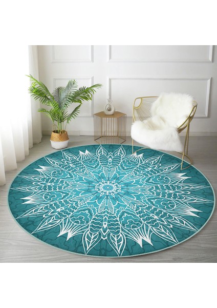 Real Homes Realhomes Weave Mandala Desenli Lacivert Salon ve Oturma Odası Yıkanabilir Kaymaz Tabanlı Yuvarlak Halı