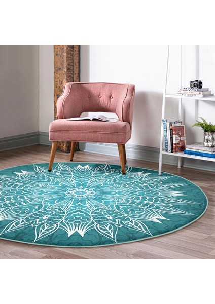 Real Homes Realhomes Weave Mandala Desenli Lacivert Salon ve Oturma Odası Yıkanabilir Kaymaz Tabanlı Yuvarlak Halı