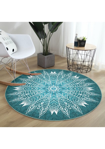 Real Homes Realhomes Weave Mandala Desenli Lacivert Salon ve Oturma Odası Yıkanabilir Kaymaz Tabanlı Yuvarlak Halı