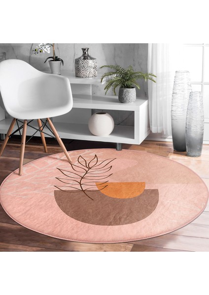 Real Homes Pudra Zeminde Onedraw Çizimli Yaprak Desenli Dijital Baskılı Modern Turuncu Salon ve Oturma Odası Kaymaz Tabanlı Yuvarlak Halı