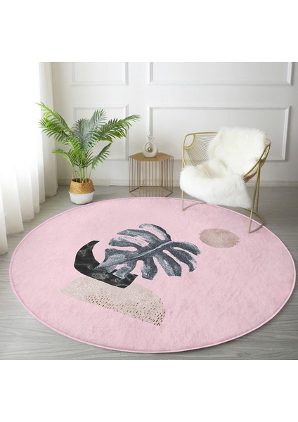 Real Homes Pembe Zeminde Tropik Yaprak Desen Dijital Baskılı Özel Tasarım Salon ve Oturma Odası Yıkanabilir Kaymaz Tabanlı Yuvarlak Halı fiyatları