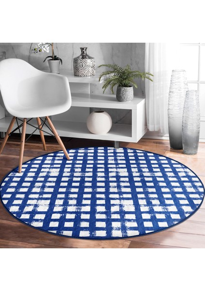 Real Homes Koyu Yeşil Geometrik Kare Motifli Lacivert Salon ve Oturma Odası Yıkanabilir Kaymaz Tabanlı Yuvarlak Halı
