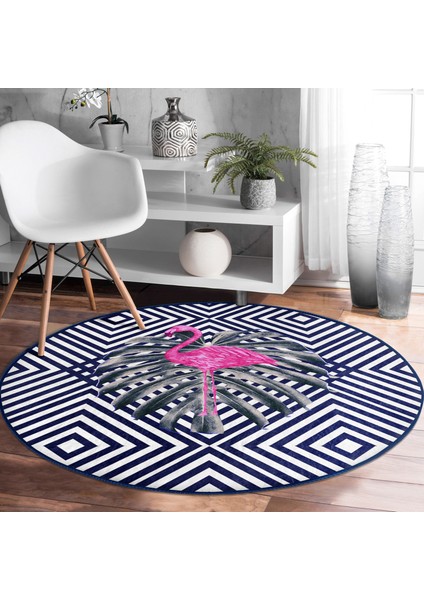 Real Homes Lacivert Zeminli Flamingo Desenli Dijital Baskılı Balkon Yıkanabilir Kaymaz Tabanlı Yuvarlak Halı fiyatları