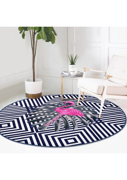 Real Homes Lacivert Zeminli Flamingo Desenli Dijital Baskılı Balkon Yıkanabilir Kaymaz Tabanlı Yuvarlak Halı modelleri