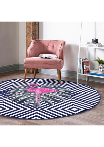 Real Homes Lacivert Zeminli Flamingo Desenli Dijital Baskılı Balkon Yıkanabilir Kaymaz Tabanlı Yuvarlak Halı fırsatları
