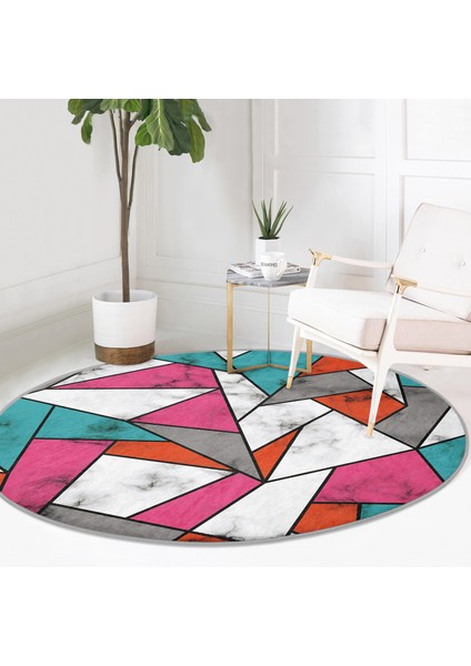 Real Homes Renkli Geometrik Desenli Mermer Motifli Dijital Baskılı Modern Pembe Banyo Yıkanabilir Kaymaz Tabanlı Yuvarlak Halı